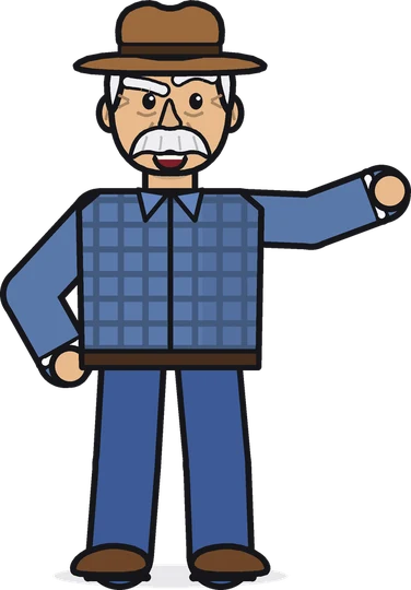 Frank, the grumpy rancher, pointing